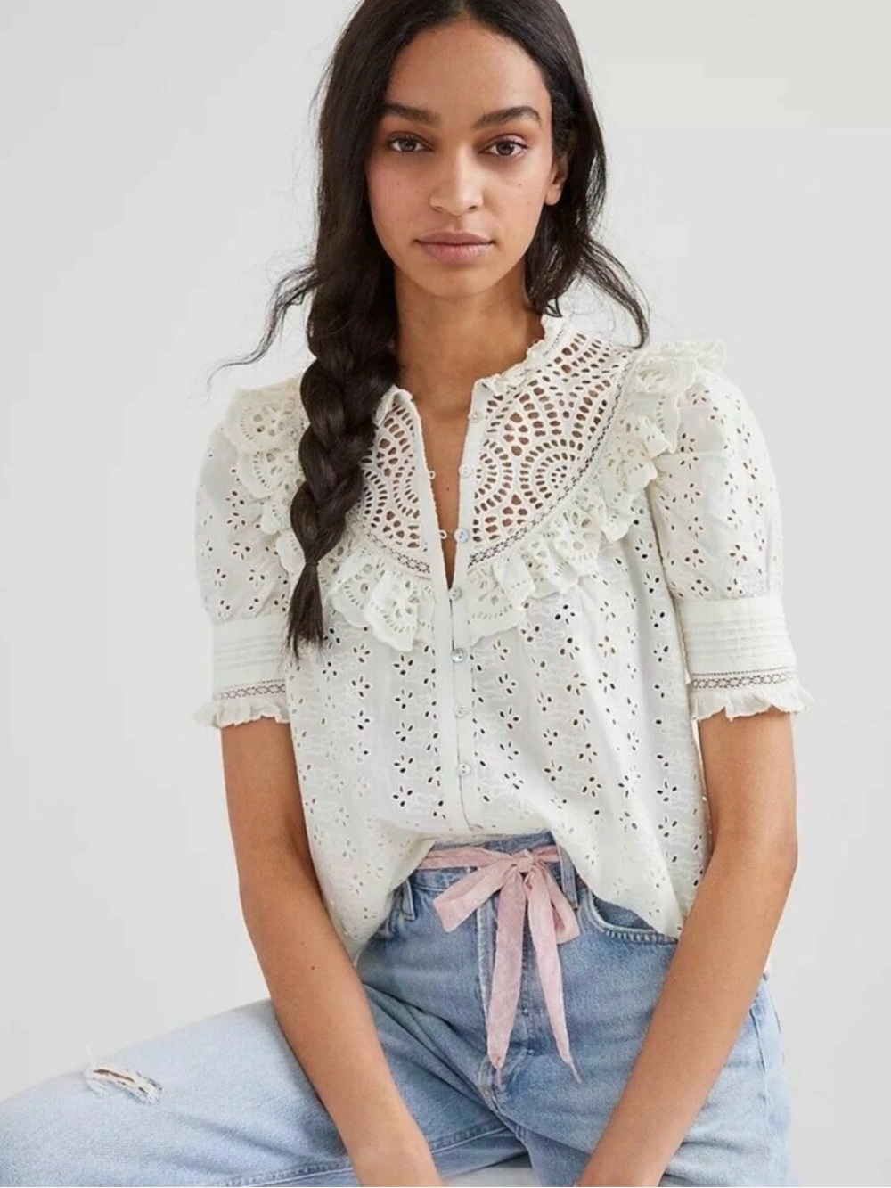 Love the Label XS NWT Anthropologie Eyelet Dreamer Ruffle Lace Trim Blouse boho